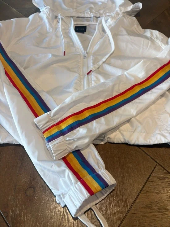 A. Lab Womens Windbreaker Jacket White Hoodie Full Zip Size L Rainbow - Picture 3 of 6